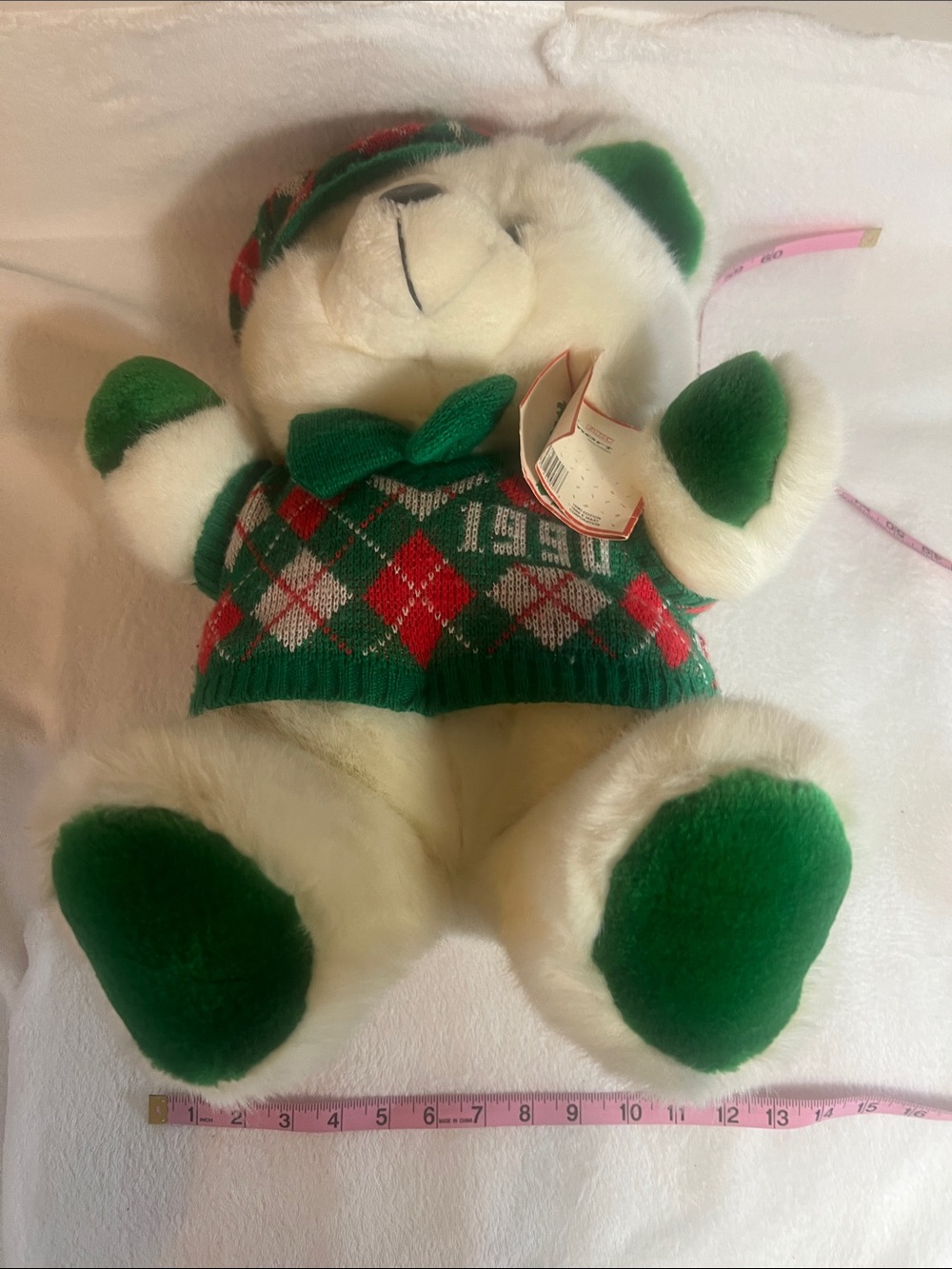 Plush white SantaBear 1990 KMart has tags red green argyle sweater Holiday Bear - Picture 10 of 11